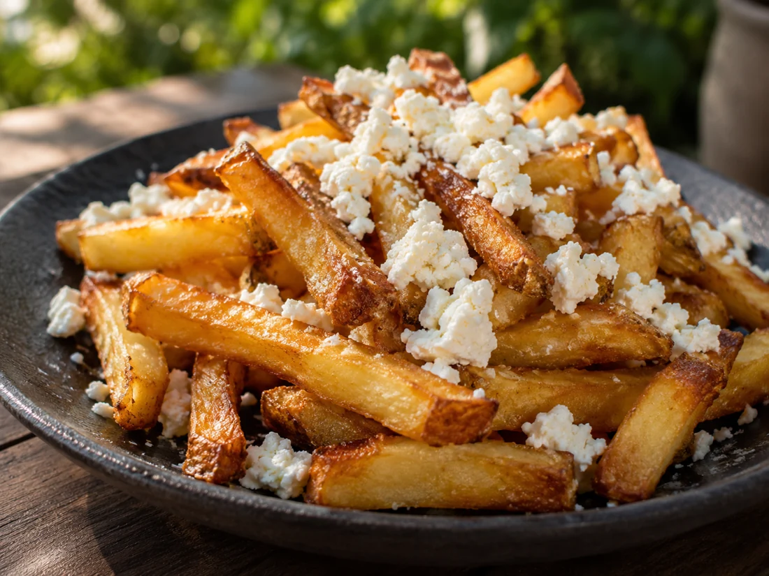 Golden fries topped with Romanian telemea cheese.