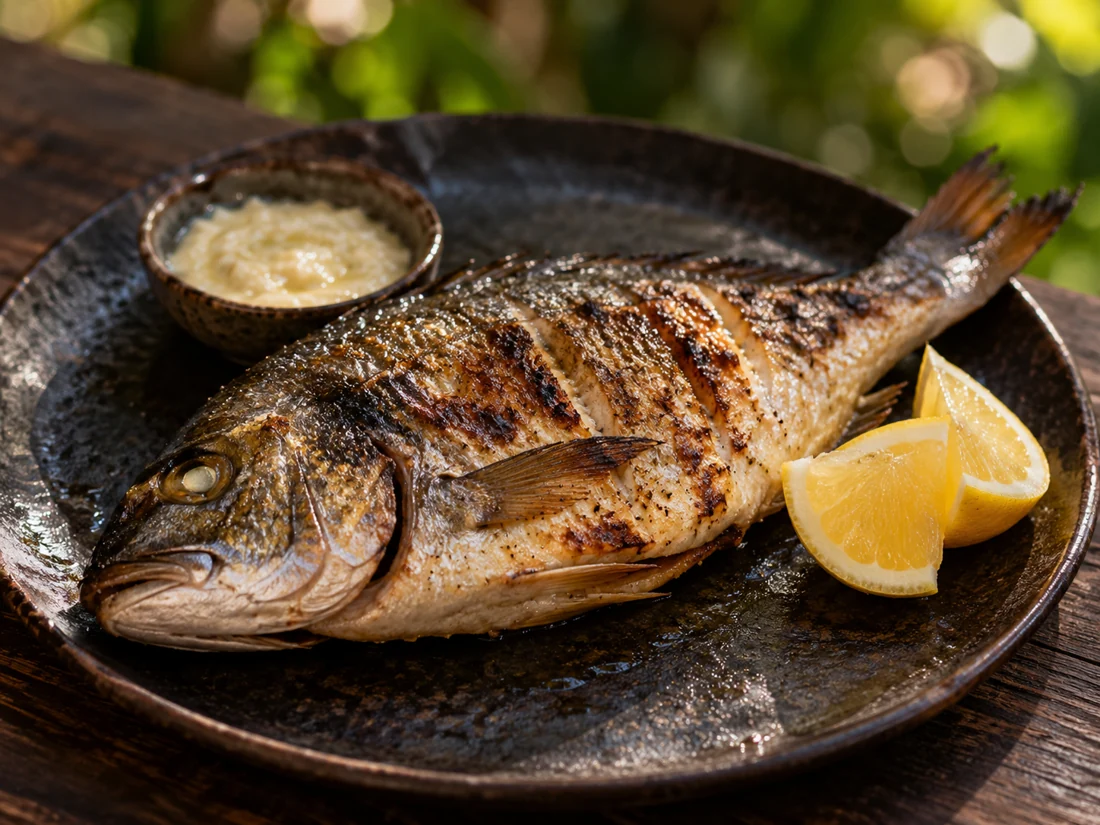 Grilled sea bream with garlic sauce and lemon