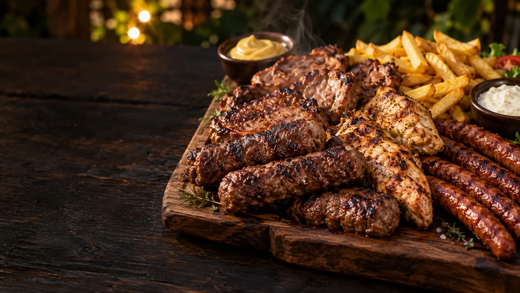 Grilled Romanian mici sausages, pork neck and chicken with fries and sauces